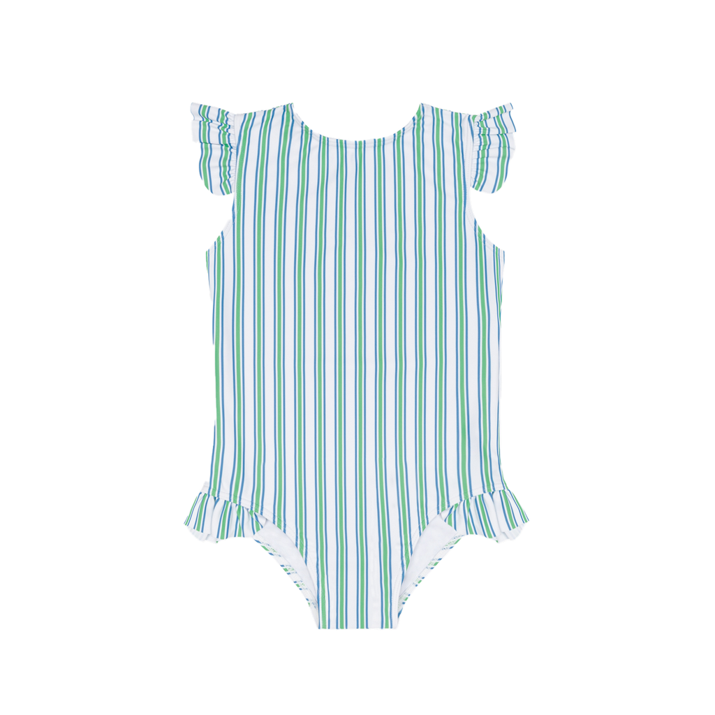 Girls Tamarin Stripe Ruffle Cap Sleeve Rashguard One Piece
